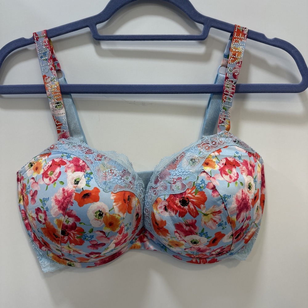 Victoria Secret Bra Very Sexy Push Up Blue Pink Floral Shine Strap Lace 36DDD